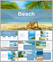 Colorful beach themed slides showcasing beautiful beach scenes and sections on types and attractions with descriptions.