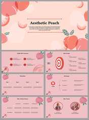 Peach colored slide deck with illustrations of peaches and segments, covering content like goals, timeline, and strategy.