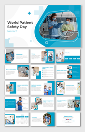 Medical-themed slides with blue and white overlapping shapes with patient images, and text in rounded rectangles and squares.