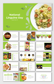 Linguine-focused slide pack with green accents, featuring images of pasta dishes and related culinary details.