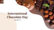 A pack of slides for international chocolate day, with images of chocolate, truffles, and information panels.