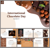 A pack of slides for international chocolate day, with images of chocolate, truffles, and information panels.