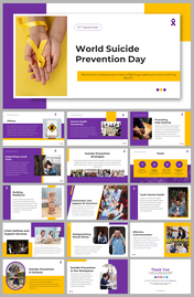 Slide deck featuring purple and yellow accents with sections on mental health awareness and prevention strategies.