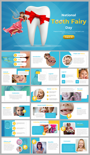 A vibrant slides featuring a tooth with a bow and a fairy, celebrating National Tooth Fairy Day with various topics.