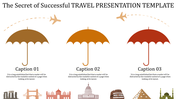 Slide with three umbrellas in varying shades of orange, with dashed airplane paths above, and global monuments at the bottom.