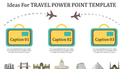 Travel themed slide with three yellow colored suitcase icons with captions under flying airplanes.