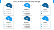 A slide with six labelled boxes for best presentation design each with title and with a blue icon.