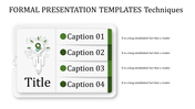 Formal slide with a central list of four captions on a white card layout with a green accent.