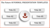 Formal diagram featuring a location pin in the center, with six evenly spaced title placeholders arranged around it.