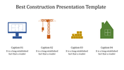 Construction-themed slide with four icons and a placeholder texts below in a white background.