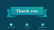 Thank you slide for PowerPoint, with a unique turquoise ribbon at center and icons for address, phone, and email below.