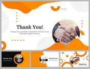 Professional thank you slides with an orange and white color scheme, including a close-up image of a handshake.