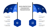 Two umbrella graphics in shades of blue with three icons, linked to hexagons at the base, and text listed along both sides.