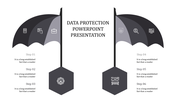 Data Protection PowerPoint slide with umbrella icons representing steps for safeguarding data, alongside six labeled steps.