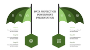 Dual umbrella design with dark and light green sections, featuring icons at the top and hexagonal nodes at the bottom.