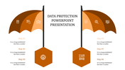 Symmetrical layout with two orange umbrellas with three sections of icons, each connected to hexagons and text.