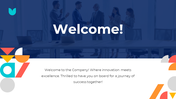 Welcome slide with bold white text on a blue background of blurred office scene, accented by colorful geometric shapes.