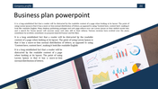 Layout with a business plan text on the left and an image on the right showing graphs, charts, and a notebook at an angle.