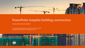 Template for construction with an image of a site with cranes showing title and placeholder in a bright orange box.