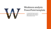 Weakness slide with a large W letter featuring a cityscape inside, an orange horizontal line, and text on the right.