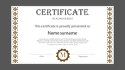 Elegant certificate design with a patterned border on both sides, with bold text, and a circular emblem in the bottom.