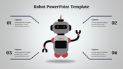 Slide featuring a robot illustration with four numbered captions for adding content on a grey-themed background.