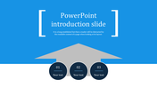 Blue slide for PowerPoint introduction featuring three circular sections for text and an arrow graphic.