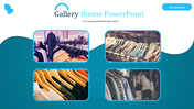 PowerPoint template showcasing a gallery theme with clothing items displayed on racks and hangers in a store setting.