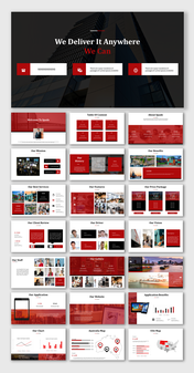 Red and black themed logistics presentation with multiple slides displaying services, mission, pricing, and contact details.