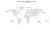 Gray world map with colored dots marking six locations, each connected by a thin line to different regions.