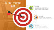 Slide design showcasing target market concept with a red-white bullseye and pointed arrow with three service icons and text.