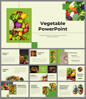 Colorful vegetable slide deck with sections on health benefits, culinary uses, and sustainable farming.