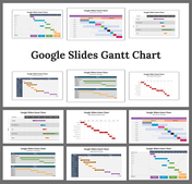 Gantt chart slide deck with colorful bars showing project schedules, tasks, and deadlines over weekly and monthly timelines.