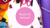 Back to school theme featuring a variety of stationary items like pens, pencils, and a ruler on a white background.