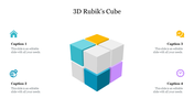 3D Rubik's cube slide with a colorful cube in the center and four icons with captions surrounding it.