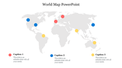 Gray world map with circular markers in blue, red, and yellow indicating locations, with corresponding captions below.