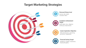 Bullseye target with four colored arrows on the left, and corresponding icons with text on the right.