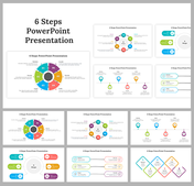 Visual collage of 6 steps slides featuring various design layouts and colorful icons with text sections.