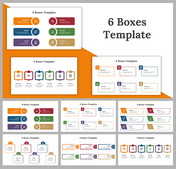 Set of slide deck with different 6-box template designs, each featuring distinct colors and icons for categories.