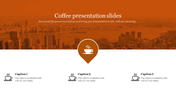 Cityscape background in orange with a central coffee icon, and three caption sections below, on a white backdrop.