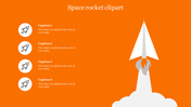 White paper rocket launching with flames on an orange background, and four captions with icons on the left.