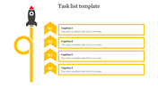 Yellow rocket themed task list with four numbered steps, each connected to text boxes on the right.