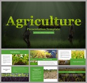 Slide deck for agriculture, showing images of crops, farming activity, and soil, with sections covering farming practices.