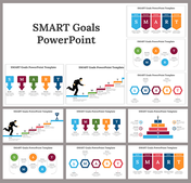 SMART Goals slide deck featuring various slides with colorful icons, flowcharts, and goal setting steps.