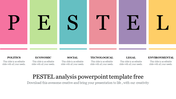 Colorful PESTEL analysis slide highlighting politics, economic, social, technological, legal, and environmental factors.