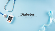 A pack of diabetes themed background slides with a stethoscope, glucose monitor, and ribbon on a light blue backdrop.