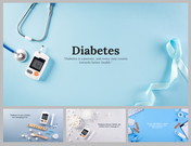 A pack of diabetes themed background slides with a stethoscope, glucose monitor, and ribbon on a light blue backdrop.