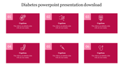 Diabetes presentation slide with six red cards, each labeled with captions and icons.