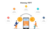 Illustration of money transfer concept on a smartphone screen with currency symbols, surrounded by five hexagons.