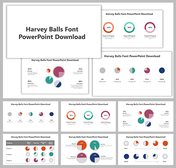 Slide deck with harvey balls charts in various colors, featuring circular segments to indicate percentage progress.